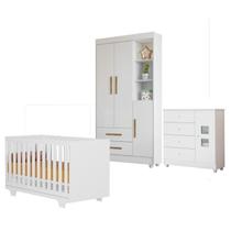 Quarto de Bebê com Berço Mini Cama, Cômoda 1 Porta 4 Gavetas e Roupeiro Flocos 3 Portas 2 Gavetas Branco Quarto de Bebê com Berço Mini Cama, Cômoda 1 Porta 4 Gavetas e Roupeiro Flocos 3 Portas 2 Gavetas Branco