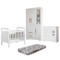 Quarto de Bebê com Berço Mini Cama, Cômoda 1 Porta 4 Gavetas e Roupeiro Flocos 3 Portas 2 Gavetas