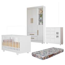 Quarto de Bebê com Berço Mini Cama, Cômoda 1 Porta 4 Gavetas e Roupeiro Flocos 3 Portas 2 Gavetas