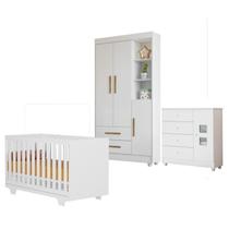 Quarto de Bebê com Berço Mini Cama, Cômoda 1 Porta 4 Gavetas e Roupeiro Flocos 3 Portas 2 Gavetas