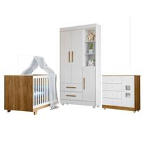 Quarto de Bebê com Berço Mini Cama, Cômoda 1 Porta 4 Gavetas e Roupeiro Flocos 3 Portas 2 Gavetas