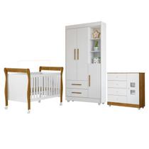 Quarto de Bebê com Berço Mini Cama, Cômoda 1 Porta 4 Gavetas e Roupeiro Flocos 3 Portas 2 Gavetas