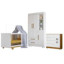 Quarto de Bebê com Berço Mini Cama, Cômoda 1 Porta 4 Gavetas e Roupeiro Flocos 3 Portas 2 Gavetas