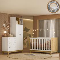 Quarto de Bebê com Berço Mini Cama e Roupeiro com Cômoda QEncanto Slim Freijó Branco Acetinado Qmovi e Colchão Ortobom