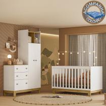 Quarto de Bebê com Berço Mini Cama e Roupeiro com Cômoda QEncanto Slim Freijó Branco Acetinado Qmovi e Colchão Ortobom