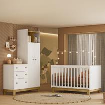 Quarto de Bebê com Berço Mini Cama e Roupeiro com Cômoda QEncanto Slim Freijó Branco Acetinado Qmovi