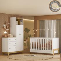 Quarto de Bebê com Berço Mini Cama Fantasia e Roupeiro com Cômoda QEncanto Slim Freijó Branco Acetinado Qmovi e Colchão Gazin