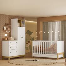Quarto de Bebê com Berço Mini Cama Fantasia e Roupeiro com Cômoda QEncanto Slim Freijó Branco Acetinado Qmovi Quarto de Bebê com Berço Mini Cama Fantasia e Roupeiro com Cômoda QEncanto Slim Freijó Branco Acetinado Qmovi
