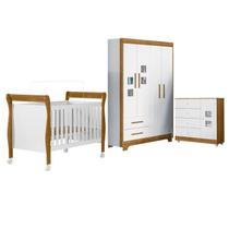 Quarto de Bebê com Berço Mini Cama Slim, Cômoda 1 Porta 4 Gavetas e Roupeiro 4 Portas 2 Gavetas