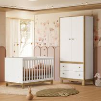 Quarto de Bebê com Berço Mini Cama Slim e Guarda Roupa Flora Branco Acetinado Qmovi Quarto de Bebê com Berço Mini Cama Slim e Guarda Roupa Flora Branco Acetinado Qmovi
