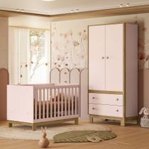 Quarto de Bebê com Berço Mini Cama Slim e Guarda Roupa Flora Rosa Qmovi Quarto de Bebê com Berço Mini Cama Slim e Guarda Roupa Flora Rosa Qmovi