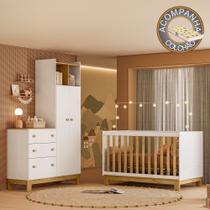 Quarto de Bebê com Berço Slim e Guarda Roupa com Cômoda Flora Branco Freijó Qmovi Colchão Gazin