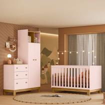 Quarto de Bebê com Berço Slim e Guarda Roupa com Cômoda Flora Rosa Qmovi Quarto de Bebê com Berço Slim e Guarda Roupa com Cômoda Flora Rosa Qmovi