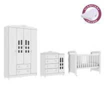 Quarto de Bebê com Colchão Berço Mini Cama Provençal Lisa Guarda Roupa 4 Portas Cômoda com Porta Fraldario Infantil Branco Carolina Baby