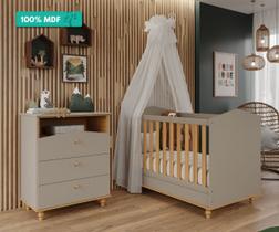 Quarto de Bebê com Cômoda Casinha 3 gavetas e Berço Minicama Multifuncional Mimo Permobili Fendi/Nature