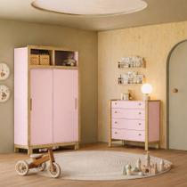 Quarto de Bebê com Cômoda e Roupeiro 2 Portas de Correr Flora Rosa Qmovi Quarto de Bebê com Cômoda e Roupeiro 2 Portas de Correr Flora Rosa Qmovi