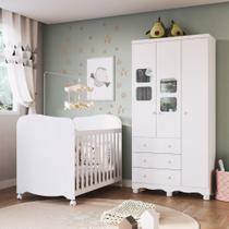 Quarto de Bebê com Guarda Roupa 3 Portas com Janelas e Berço 100% MDF Mimo Espresso Móveis Branco Brilho