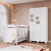 Quarto de Bebê com Guarda Roupa 3 Portas com Janelas e Berço Americano Nina 100% MDF Espresso Móveis Branco/Brilho