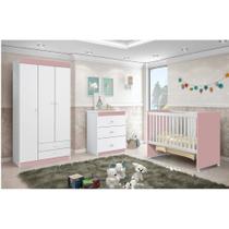 Quarto de Bebê com Guarda-roupa 3 Portas Cômodas 3 Gavetas e Berço Mini Cama Catatau Rosa/Branco - J&A Móveis