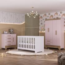Quarto de Bebê com Guarda Roupa 4 Portas 2 Gavetas Cômoda 4 Gavetas 1 Porta e Berço 3 em 1 Catavento Maya Rodial