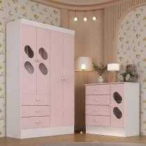 Quarto de Bebê com Guarda Roupa 4 Portas 3 Gavetas e Cômoda 4 Gavetas 1 Porta com Janela Maya Rodial