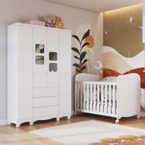 Quarto de Bebê com Guarda Roupa 4 Portas com Janelas e Berço 100% MDF Mimo Espresso Móveis