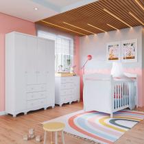 Quarto de Bebê com Guarda Roupa 4 Portas Cômoda 1 Porta 4 Gavetas e Berço Nina 100% MDF Espresso Móv Branco/Brilho