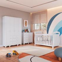 Quarto de Bebê com Guarda Roupa 4 Portas Cômoda 1 Porta e Berço Americano Nina Espresso Móveis Branco Brilho