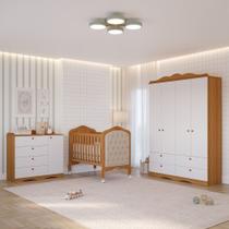 Quarto de Bebê com Guarda Roupa 4 Portas Cômoda e Berço Capitonê 2 em 1 100MDF Laura Permobili