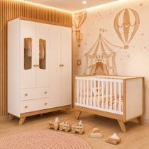 Quarto de Bebê com Guarda Roupa 4 Portas e Berço 3 em 1 Retrô Theo Espresso Móveis Branco/Jequitibá Quarto de Bebê com Guarda Roupa 4 Portas e Berço 3 em 1 Retrô Theo Espresso Móveis Branco/Jequitibá