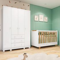 Quarto de Bebê com Guarda-roupa 4 Portas e Berço 4 em 1 Minicama em MDF Zuri Móveis Peroba