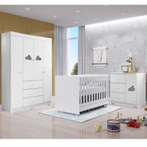 Quarto De Bebe Com Guarda Roupa Ane 4 Portas, Cômoda 3 Gavetas e Berço Branco