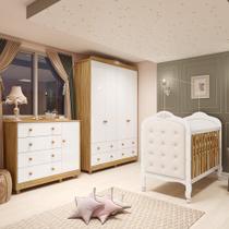 Quarto de Bebê com Guarda-roupa Cômoda e Berço com Capitonê 100% Mdf Maya Clássico Espresso Móveis Branco Brilho/Amêndoa/Branco