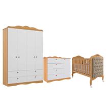 Quarto de Bebê com Guarda Roupa Cômoda Encanto e Berço Harmonia Com Capitone Permóbili Baby Nature/Branco/Marfim