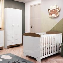 Quarto de Bebê com Guarda Roupa e Berço Americano 100% MDF Ayla Branco Brilho/Carvalho