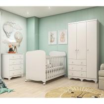 Quarto de Bebê com Guarda Roupas 3 Portas Cômoda e Berço com Rodizio Mimo 100% MDF Espresso Móveis Branco Brilho