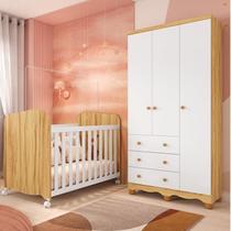 Quarto de Bebê com Guarda Roupas 3 Portas e Berço com Rodízio Mimo 100% MDF Branco/Brilho/Amêndoa Quarto de Bebê com Guarda Roupas 3 Portas e Berço com Rodízio Mimo 100% MDF Branco/Brilho/Amêndoa