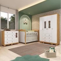 Quarto de Bebê com Guarda-roupas 4 Portas Cômoda com Janelas e Berço 100% Mdf Aurora Espresso Móveis Branco Brilho/Amêndoa