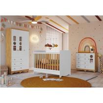 Quarto de Bebê com Guarda-roupas Cômoda 4 Portas Janeladas e Berço 100% Mdf Gael Espresso Móveis Branco Brilho/Amêndoa