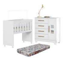 Quarto de Bebê com Mini Berço com Colchão 5 em 1 Ariel e Cômoda 4 Gavetas 1 Porta Fly 100% MDF Branco