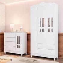 Quarto de Bebê Cômoda 1 Porta e Roupeiro 3 Portas MDF Ariel Branco