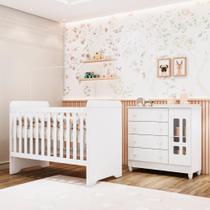 Quarto de Bebê Cômoda 4 Gavetas com Porta Ariel Berço 3 em 1 Gabrielle Branco Brilho Carolina Baby