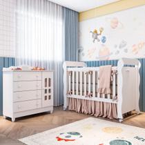 Quarto de Bebê Cômoda 4 Gavetas com Porta Berço Mini Cama Provençal Lisa Branco Brilho Carolina Baby