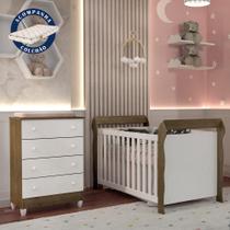 Quarto de Bebê Cômoda 4 Gavetas Mel Berço 3 em 1 com Colchão Lara Branco Amadeirado Carolina Baby