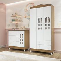 Quarto de Bebê Cômoda com Fraldário Guarda Roupa Mirelle 3 Portas Branco com Bétula Carolina Baby