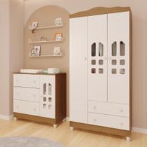 Quarto de Bebê Cômoda com Fraldário Guarda Roupa Mirelle 3 Portas Branco com Bétula Carolina Baby