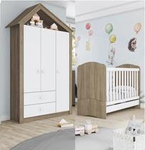 Quarto de Bebê Compacto com Berço e Guarda Roupa Giz de Cera Espresso Móveis Branco/Rústico