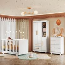 Quarto de Bebê Completo 100% MDF com Cômoda Berço e Guarda Roupa 1 MDF Nina Branco/Amadeirado
