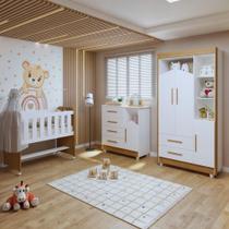 Quarto de Bebê Completo 100% MDF com Guarda-Roupa, Cômoda e Mini Berço Estelar Branco/Amadeirado