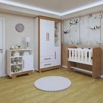 Quarto de Bebê Completo 100% Mdf com Guarda Roupa, Cômoda e Mini Berço Sonharte Branco/Amadeirado